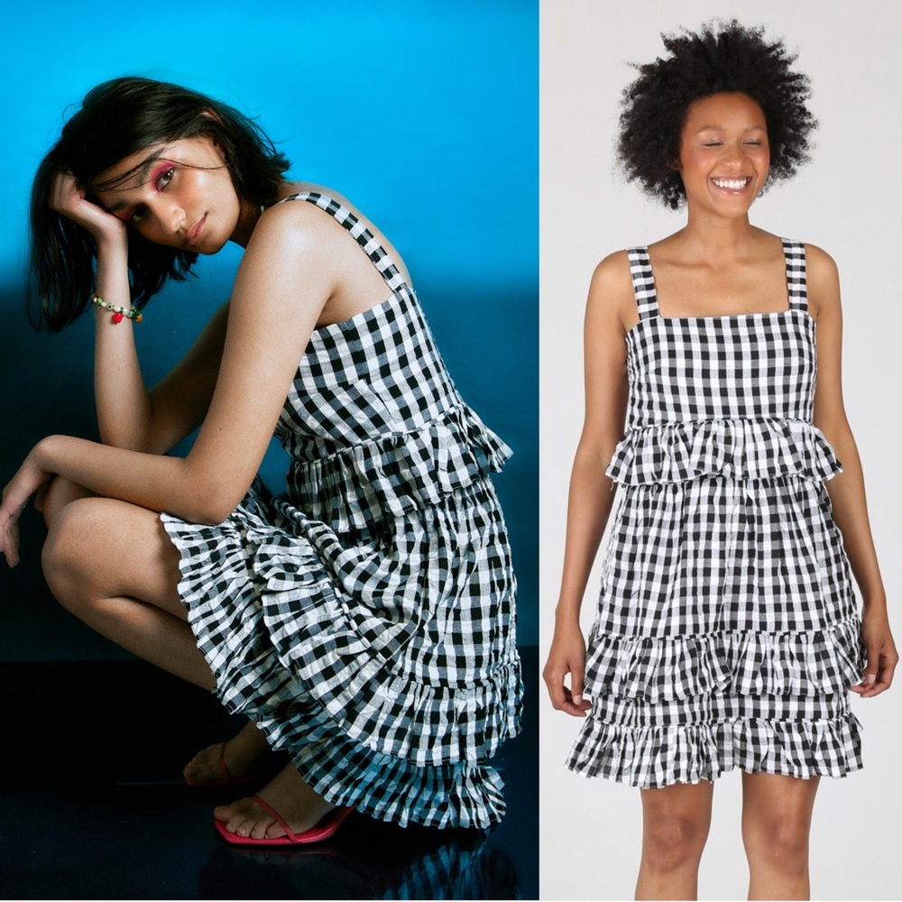 TACH Gingham Check Cotton Square Neck Sleeveless Ruffle Tier Pinafore Dress M